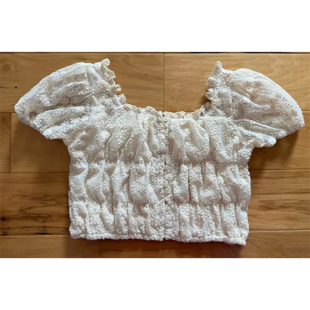 Zara Blouse Girls Size 13/14 White Floral Lace Smocked Cropped Off Shoulder